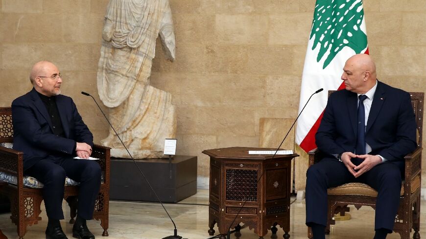 Lebanese President Joseph Aoun (R), seen as close to the West, in his meeting with Iranian parliament speaker Mohammad Bagher Ghalibaf