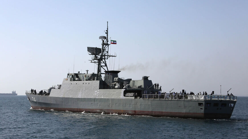 An Iranian navy warship takes part in the "National Persian Gulf Day" in the Strait of Hormuz, April 30, 2019.