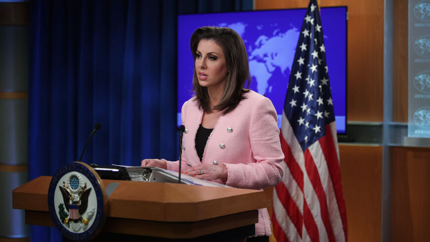 US State Department spokesperson Morgan Ortagus stands at the lectern during a press conference at the US Department of State in Washington, DC on June 10, 2019. 