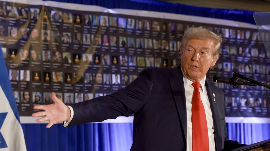 Republican presidential nominee, former US President Donald Trump, speaks during an Oct. 7 remembrance event.