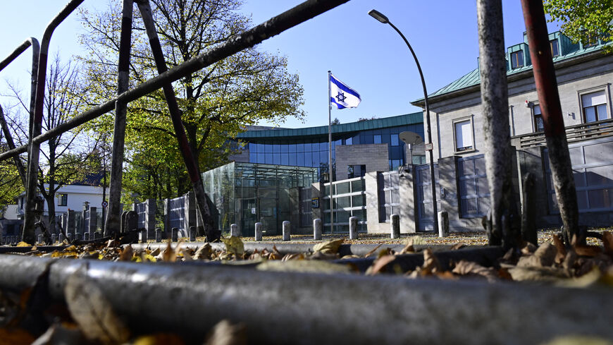 The Israeli flag flies in front of the Israeli embassy in Berlin, on October 20, 2024. A Libyan suspected of planning an attack on the Israeli embassy in Berlin and links to the Islamic State (IS) group will appear before a judge on October 20, 2024, German prosecutors said. (Photo by John MACDOUGALL / AFP) (Photo by JOHN MACDOUGALL/AFP via Getty Images)