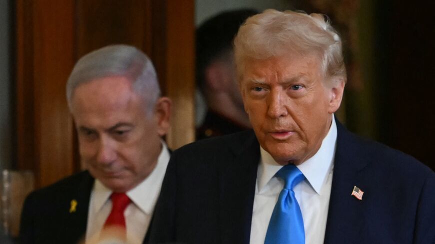 US President Donald Trump and Israel's Prime Minister Benjamin Netanyahu arrive to hold a press conference in the East Room of the White House in Washington, on Feb. 4, 2025. 