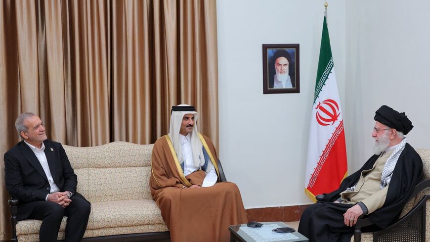 Iranian President Masoud Pezeshkian (L) and Iranian Supreme Leader Ayatollah Ali Khamenei (R) host the Qatari emir, Sheikh Tamim bin Hamad Al Thani, in Tehran, Feb. 19, 2025.