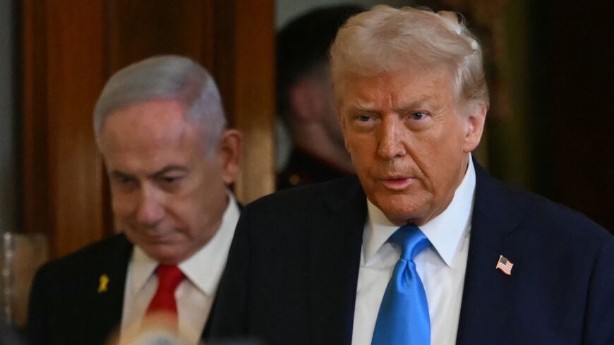 US President Donald Trump and Israeli Prime Minister Benjamin Netanyahu arrive to hold a press conference in the East Room of the White House, Washington, DC, Feb. 4, 2025.