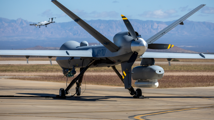 An MQ-9 Reaper drone with Customs and Border Protection (CBP) awaits a mission over the U.S.-Mexico border on Nov. 4, 2022, at Fort Huachuca, Arizona.