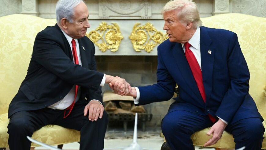 US President Donald Trump shakes hands with Israeli Prime Minister Benjamin Netanyahu during a meeting in the Oval Office of the White House in Washington, DC, on April 7, 2025. Israeli Prime Minister Benjamin Netanyahu was in Washington on Monday to meet Donald Trump, whom he will likely ask for a reprieve from US tariffs while seeking further backing on Iran and Gaza.