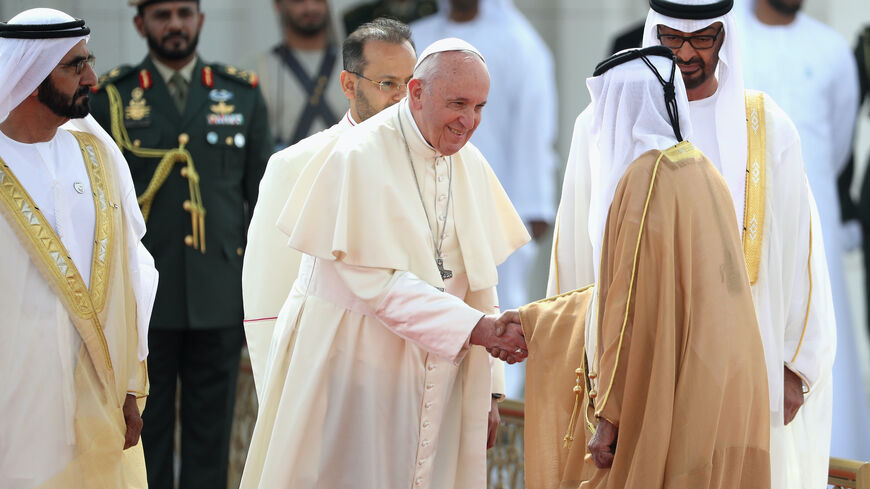 Pope Francis is welcomed at Presidential Palace on Feb. 4, 2019 in Abu Dhabi, United Arab Emirates.
