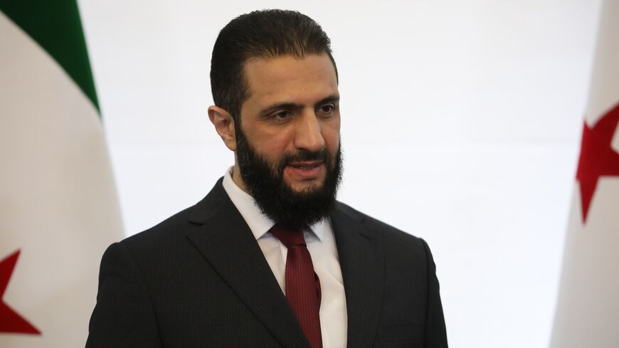Syrian President Ahmad al-Sharaa attends the closing ceremony of Syrian National Dialogue Conference at the Presidential Palace in Damascus, Syria on Feb. 25, 2025.