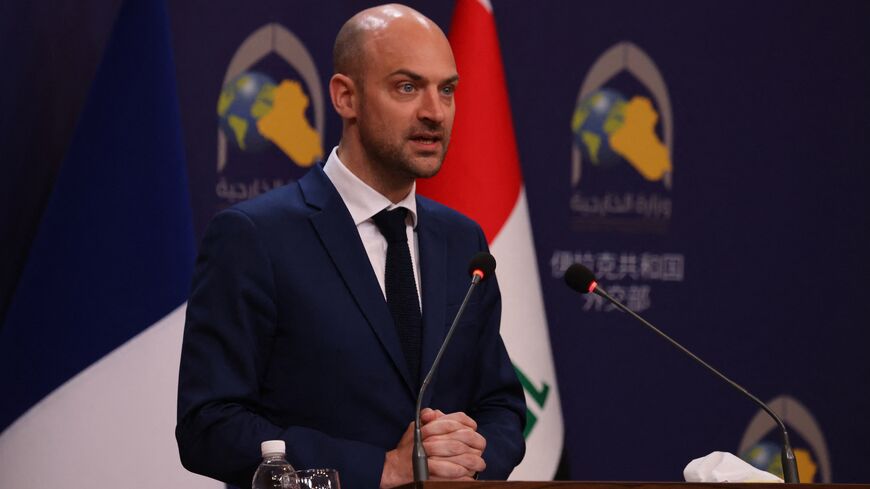 French Foreign Minister Jean-Noel Barrot attends a press conference in Baghdad, April 23, 2025.