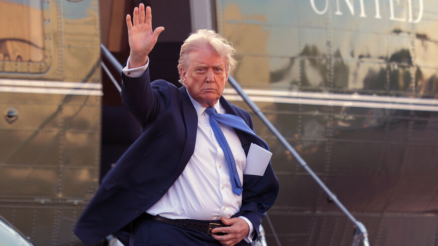LEESBURG, VIRGINIA - APRIL 24: U.S. President Donald Trump arrives at Leesburg Executive Airport on April 24, 2025 in Leesburg, Virginia. Trump is attending the MAGA Inc. fundraiser dinner at Trump National Golf Club. (Photo by Chip Somodevilla/Getty Images)