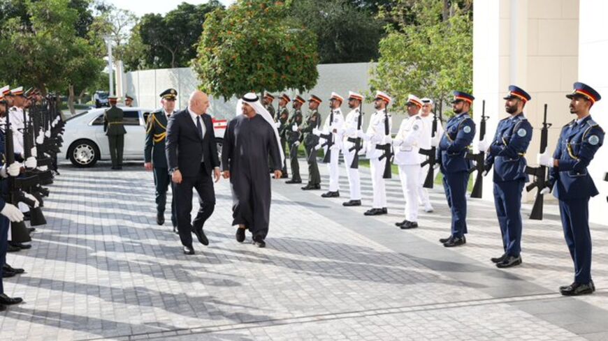 Lebanon’s president, Joseph Aoun, with United Arab Emirates President Sheikh Mohammed bin Zayed Al-Nahyan in Abu Dhabi, April 20, 2025.