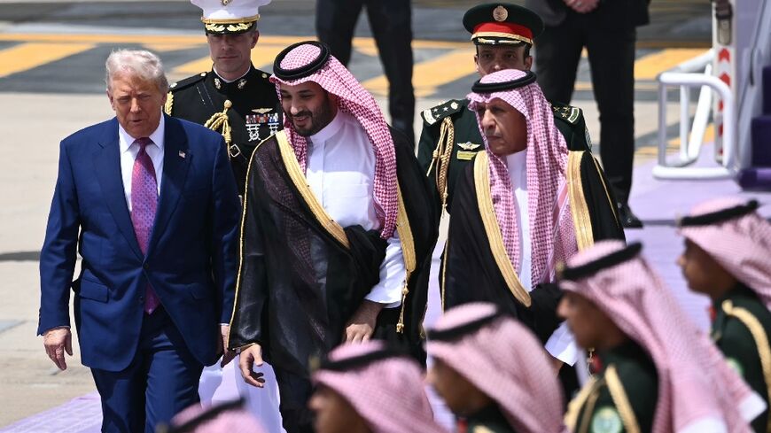 US President Donald Trump is greeted by Saudi Crown Prince Mohammed bin Salman upon his arrival in Riyadh