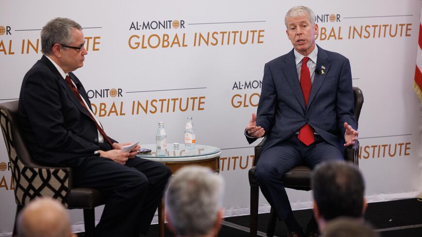 US Energy Secretary Chris Wright speaks with Al-Monitor president Andrew Parasiliti at an Al-Monitor Global Institute event in Washington, DC, May 22, 2025.