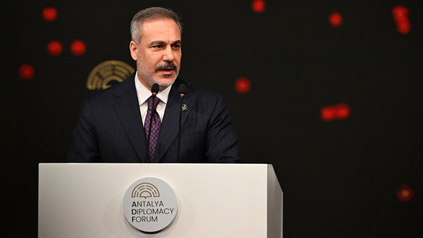 Turkey's minister of foreign affairs, Hakan Fidan, delivers a speech during the opening ceremony of Antalya Diplomacy Forum in Antalya, on April 11, 2025.