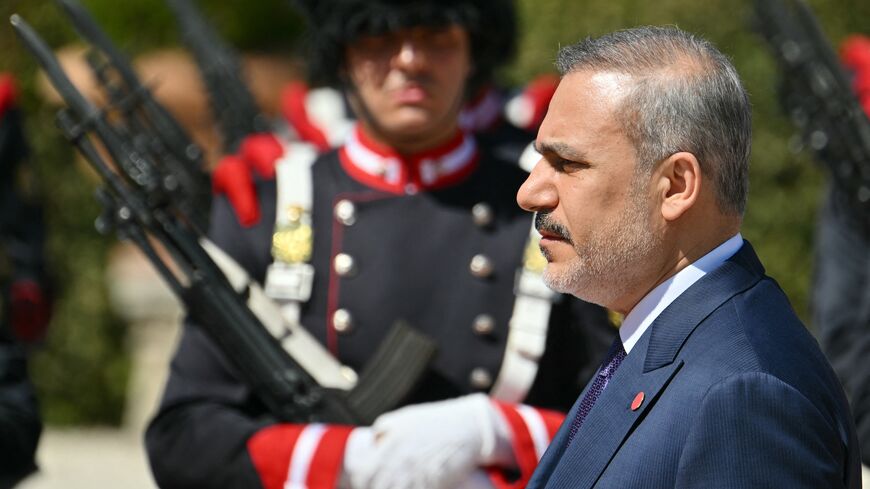 Turkish Minister of Foreign Affairs Hakan Fidan arrives during Turkey's president's visit at the Villa Doria Pamphili in Rome on April 29, 2025.