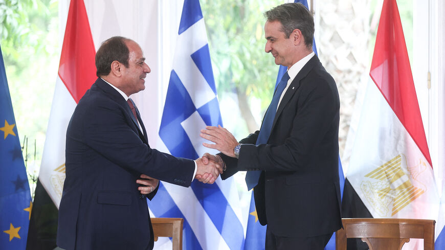 Greece's prime minister Kyriakos Mitsotakis and the President of Egypt Abdel Fattah El-Sisi during the 1st High Cooperation Council between Greece and Egypt at the Maximos Mansion in Athens, Greece on May 7, 2025. (Photo by Dimitris Kapantais / SOOC / SOOC via AFP) (Photo by DIMITRIS KAPANTAIS/SOOC/AFP via Getty Images)