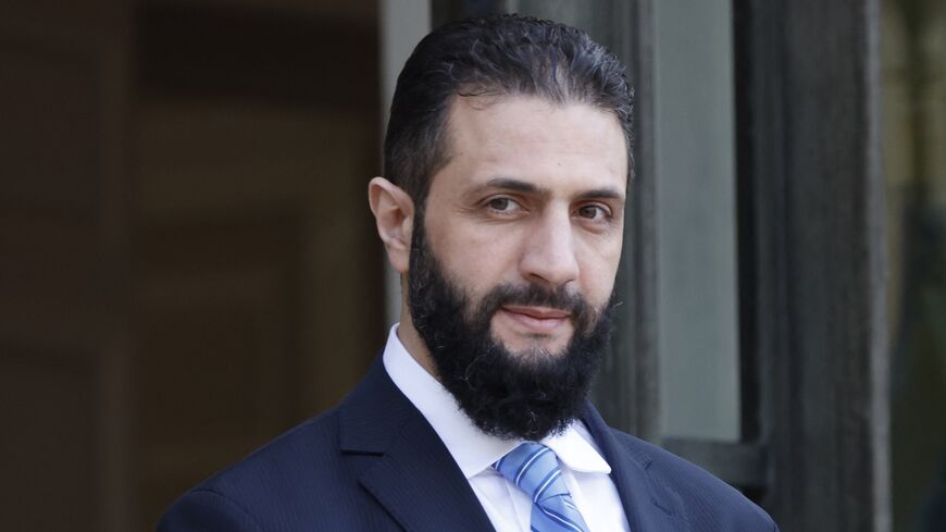 Syrian interim President Ahmed al-Sharaa upon arriving for a meeting at the Elysee presidential palace, Paris, May 7, 2025.