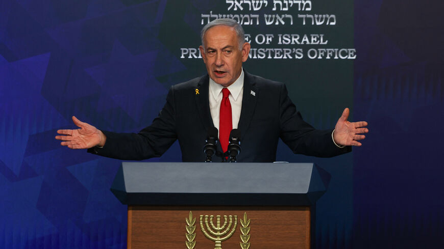 Israeli Prime Minister Benjamin Netanyahu gives a press conference in Jerusalem, May 21, 2025.