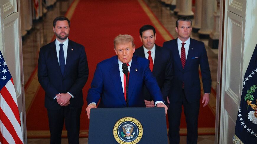 US President Donald Trump addresses the nation with members of his cabinet following the announcement that the US bombed nuclear sites in Iran