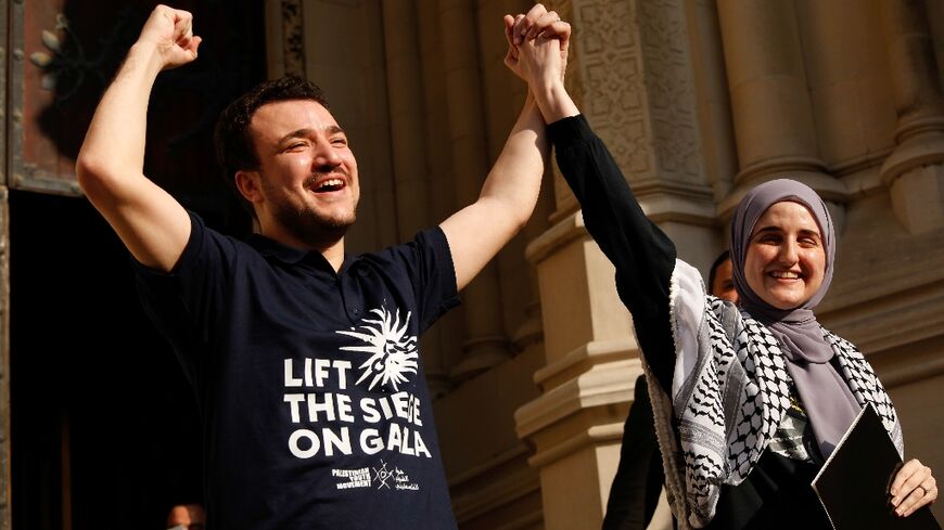 Former Columbia University graduate student Mahmoud Khalil (L) spent 104 days in federal detention after being targeted by the Trump administration for deportation