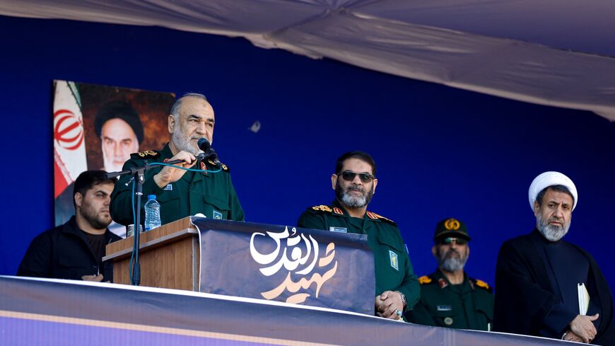 Hossein Salami, commander-in-chief of the Islamic Revolutionary Guard Corps, delivers a speech during a funeral ceremony after a terrorist attack, on Jan. 5, 2024, in Kerman, Iran.