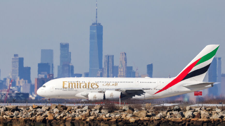 An Airbus A380 passenger aircraft of Emirates airlines to Dubai prepares to take off at JFK International Airport, New York, Feb. 7, 2024.