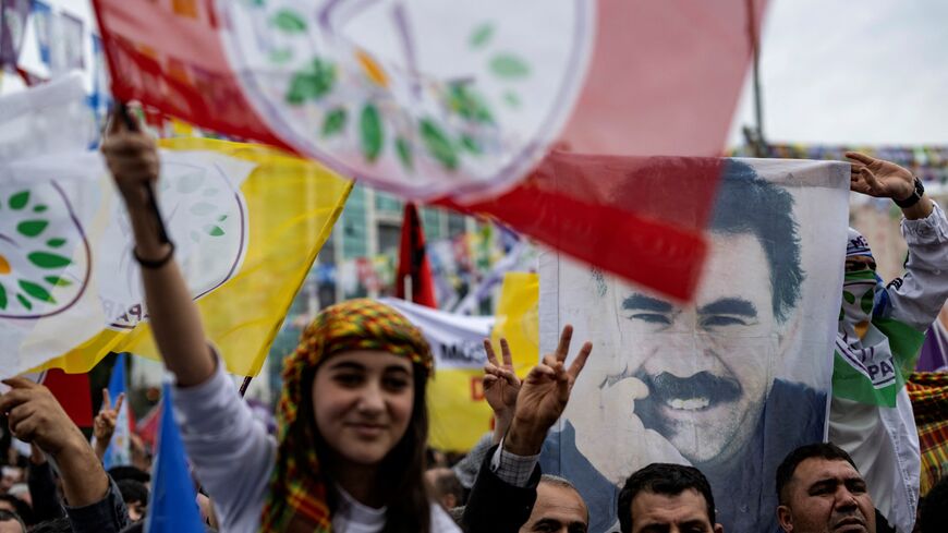 Supporters of the pro-Kurdish Peoples' DEM Party attend a rally for the Turkish Municipal elections to be held on March 31, in Esenyurt Square in Istanbul, on Feb. 25, 2024. 