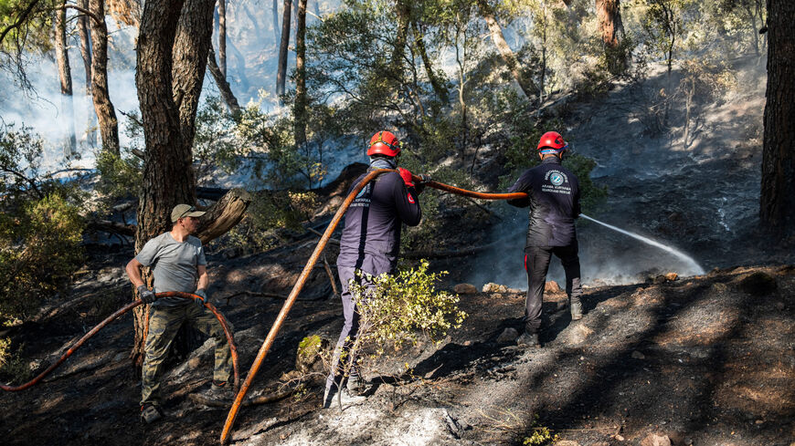Firefighters spray water to extinguish flames in a forest in Izmir, Turkey, Aug. 16, 2024.