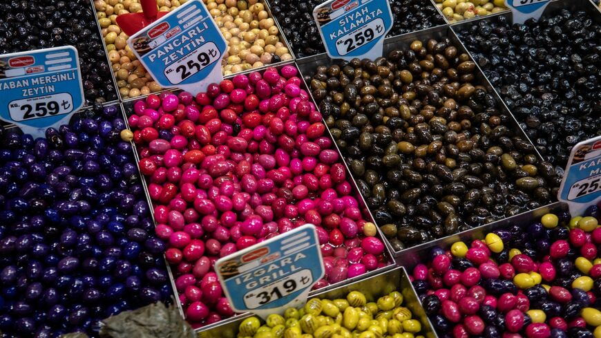 Price tags of olives are seen at a store on March 3, 2025, in Istanbul, Turkey