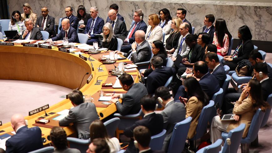 Members of the United Nations Security Council listen as Jean-Noel Barrot, minister for Europe and Foreign Affairs of France, speaks during a meeting on the conflict in the Middle East on April 29, 2025.