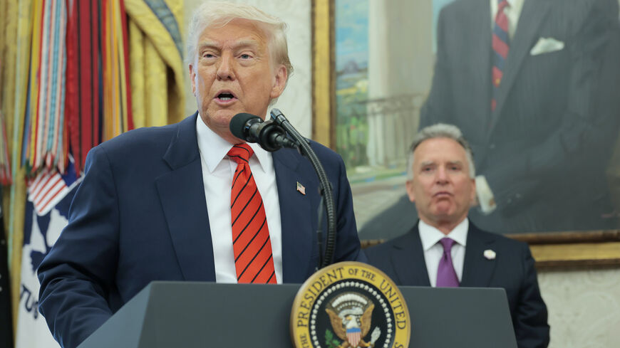 President Donald Trump delivers remarks during a swearing-in ceremony for Special Envoy to the Middle East Steve Witkoff in the Oval Office at the White House on May 6, 2025 in Washington, DC.