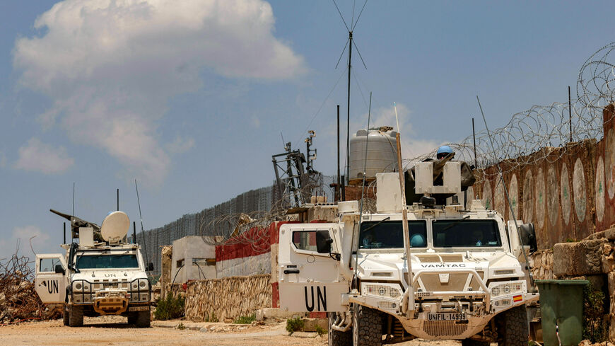 Peacekeepers of the United Nations Interim Force in Lebanon (UNIFIL) ride in armoured vehicles during a patrol along the border with Israel by the village of Kfar Kila in south Lebanon on June 4, 2025. (Photo by AFP) (Photo by -/AFP via Getty Images)