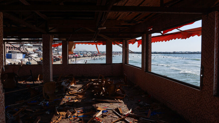 Debris is scattered across the floor at Al-Baqa cafeteria which was devastated in an Israeli strike on the Gaza City seafront on June 30, 2025.
