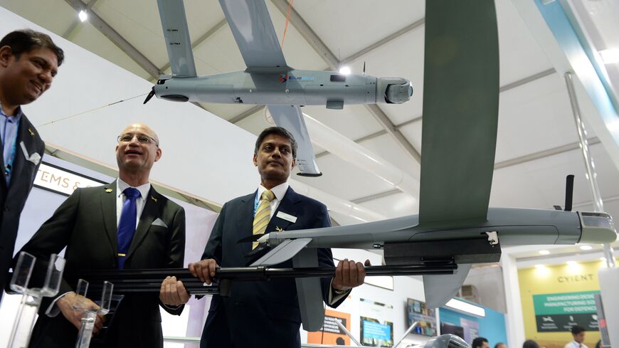 Exhibitors display Israel's Blue Bird aero-systems UAV at the DefExpo 2018, a large defence exhibition showcasing military equipment, on the outskirts of Chennai on April 11, 2018.