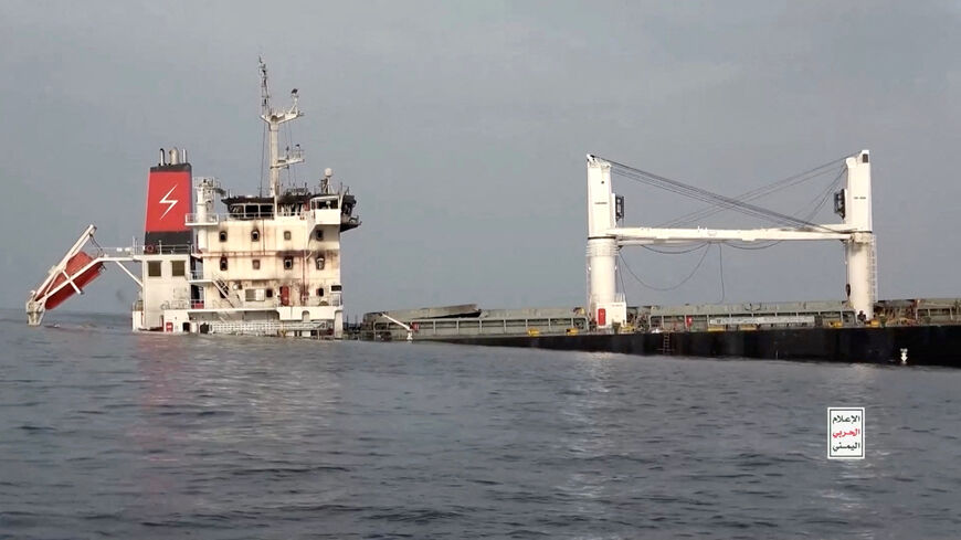 FILE PHOTO: A vessel said to be Greek-operated, Liberia-flagged Eternity C sinks in a footage released by Yemen's Houthis, in the Red Sea, in this screen grab taken from a handout video released on July 9, 2025.    HOUTHI MEDIA CENTER/Handout via REUTERS/File Photo