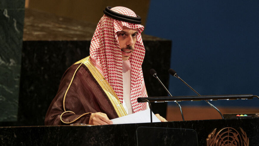 Saudi Arabia Foreign Minister and conference co-chair Faisal bin Farhan Al-Saud speaks during a High-level International Conference for the Peaceful Settlement of the Question of Palestine and the Implementation of the Two-State Solution at U.N. headquarters in New York City, U.S., July 28, 2025. REUTERS/Jeenah Moon