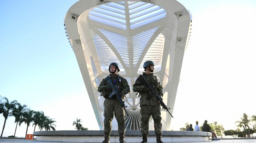 Members of the Brazilian Navy patrol the Tomorrow Museum (Museu do Amanha) at Praca Maua, where the BRICS summit 2025 will be held 