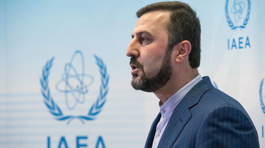 Iran's permanent representative to the United Nations, Kazem Gharibabadi, gives a press conference after the International Atomic Energy Agency (IAEA) Board of Governors meeting in Vienna on July 10, 2019.