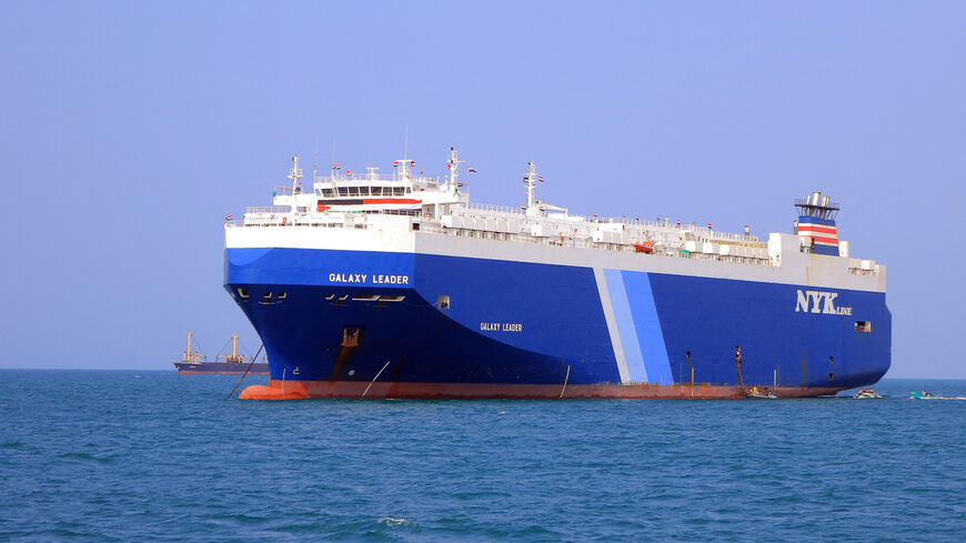 A picture taken during an organized tour by Yemen's Houthi rebels on Nov. 22, 2023, shows the Galaxy Leader cargo ship, seized by Houthi fighters two days earlier, approaching the port in the Red Sea off Yemen's province of Hodeida.