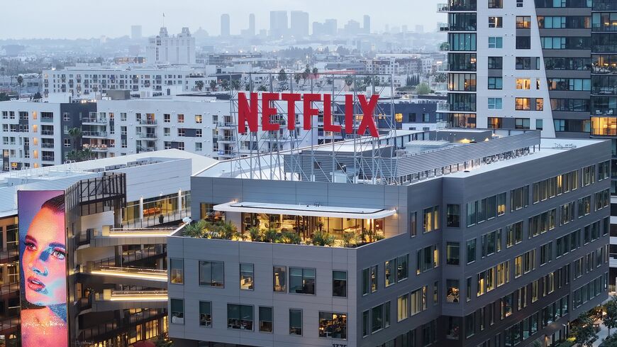 The Netflix logo is displayed above its corporate offices on Jan. 24, 2024, in Los Angeles, California.