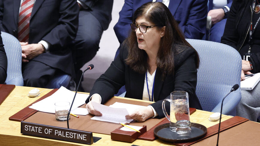 Palestinian Minister of State for Foreign Affairs Varsen Aghabekian speaks during a UN Security Council meeting on Gaza in light of ceasefire and hostage release at the United Nations Headquarters in New York City on Jan. 20, 2025.