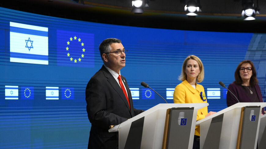 Israeli Foreign Minister Gideon Saar (L) addresses a press conference with European Commission Vice-President and High Representative for Foreign Affairs and Security Policy Kaja Kallas and EU Commissioner for Mediterranean Dubravka Suica and after a meeting at the EU headquarters on the sidelines of the EU's foreign affairs council, in Brussels on February 24, 2025. (Photo by JOHN THYS / AFP) (Photo by JOHN THYS/AFP via Getty Images)