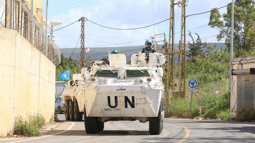 Members of the United Nations peacekeeping force in Lebanon (UNIFIL) patrol the road near the border with Israel in the southern Lebanese coastal town of Naqura on March 19, 2025.