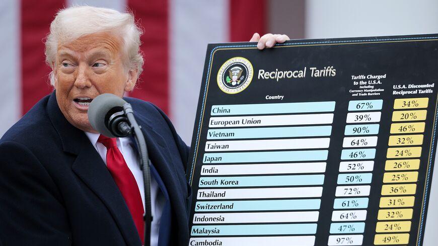 US President Donald Trump holds up a chart while speaking during a “Make America Wealthy Again” trade announcement event in the Rose Garden at the White House on April 2, 2025, in Washington.