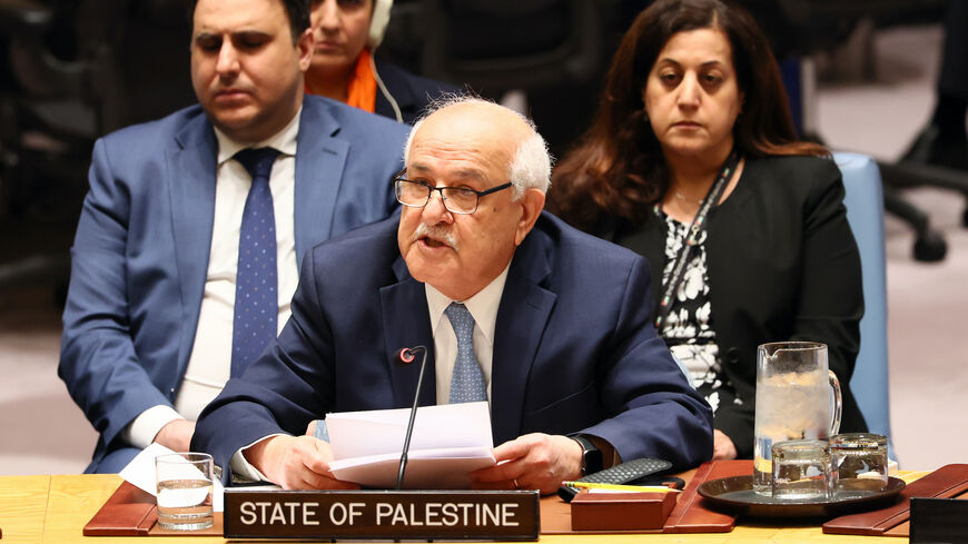 NEW YORK, NEW YORK - APRIL 29: Riyad Mansour, Palestinian Ambassador to the UN, speaks during a United Nations Security Council meeting on the conflict in the Middle East, including the Palestinian question at the United Nations headquarters on April 29, 2025 in New York City. The Security Council held a meeting on the ongoing Israel-Hamas war as the International Court of Justice (ICJ) holds its second day of hearings into Israel’s humanitarian obligations to Palestinians after more than 50 days of Israel’