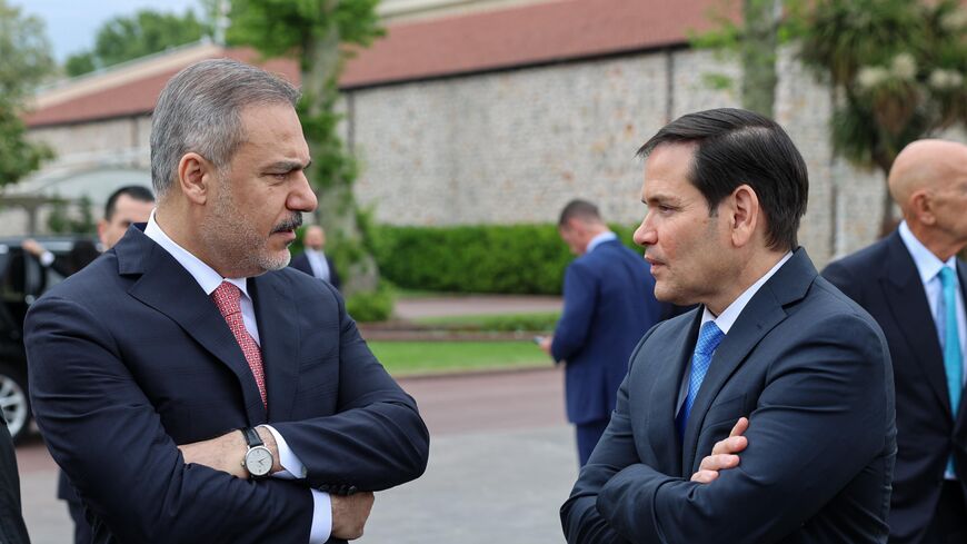 ISTANBUL, TURKEY - MAY 16: (EDITOR’S NOTE: This Handout image was provided by a third-party organization and may not adhere to Getty Images’ editorial policy.) In this handout image provided by the Turkish Foreign Ministry, Turkish Foreign Minister Hakan Fidan and US Secretary of State Marco Rubio (R) are seen as Ukrainian, American and Russian delegates meet for peace talks at the office of Turkish President in Dolmabahce Palace on May 16, 2025 in Istanbul, Turkey. Under pressure from the United States to