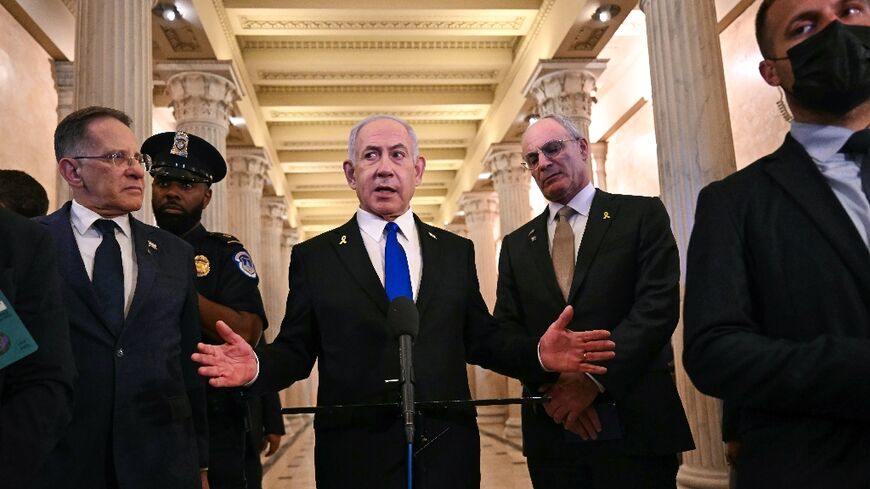 Israeli Prime Minister Benjamin Netanyahu speaks to the press in Washington