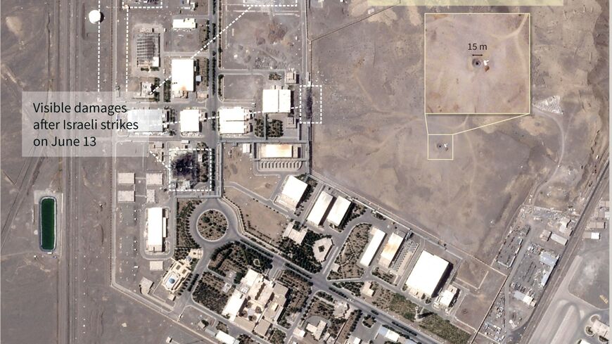 Infographic with satellite image from Planet Labs PBC from June 22, 2025, showing visible damages from US strike on the Natanz uranium enrichment plant in Iran.