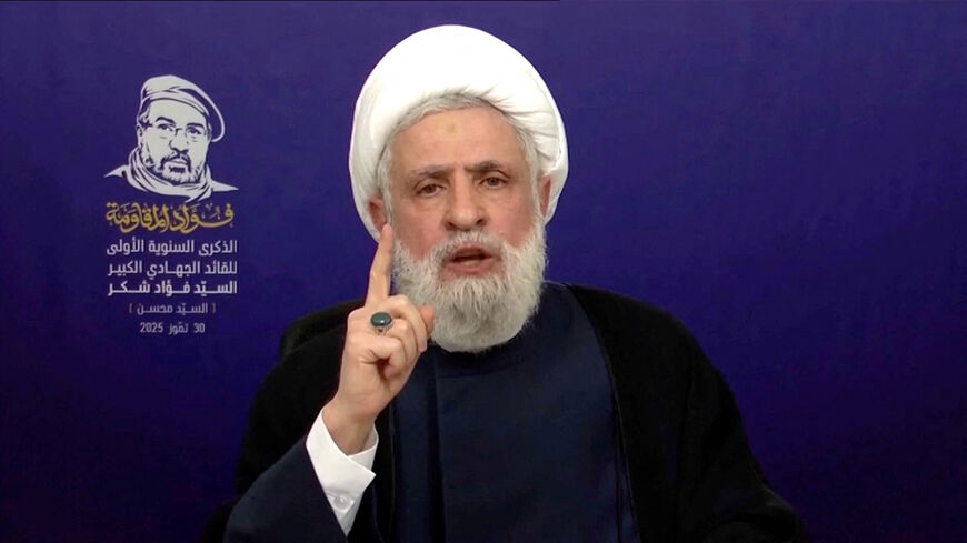 Lebanon’s Hezbollah Chief Naim Qassem gives a televised speech from an unknown location, July 30, 2025 in this screen grab from video. Al Manar TV/REUTERS TV/via REUTERS/File Photo