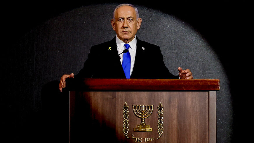 FILE PHOTO: Israeli Prime Minister Benjamin Netanyahu attends the U.S. Independence Day reception, known as the annual "Fourth of July" celebration, hosted by Newsmax, in Jerusalem August 13, 2025. REUTERS/Ronen Zvulun/Pool/File Photo